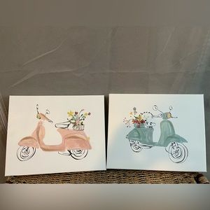Cute Wall Art Set of 2 - Vespa, motorbike green and pink  10 x 8